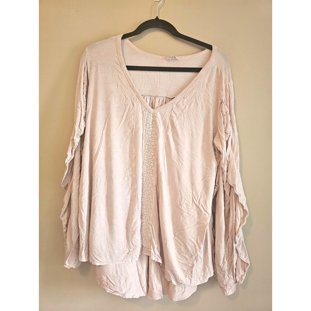 POL Blush Flowy Long Sleeve Top – Embroidered Trim Boho Style oversize small